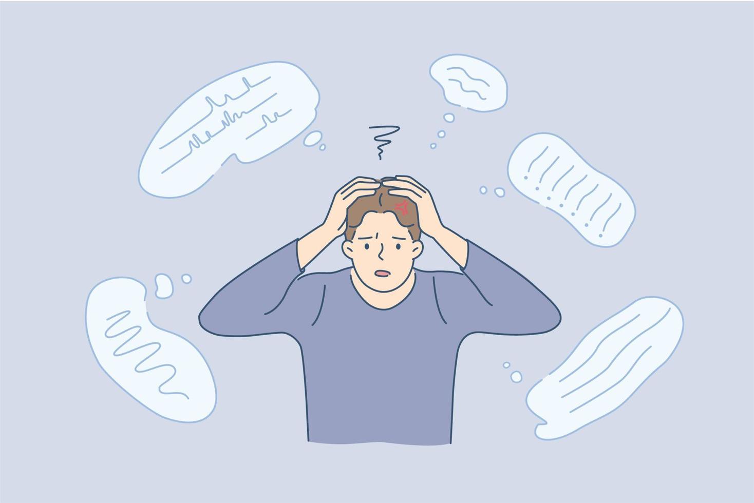 Stress, exhaustion, fullness of thoughts concept. Young stressed man cartoon character touching head feeling thinking having variety of thoughts vector illustration