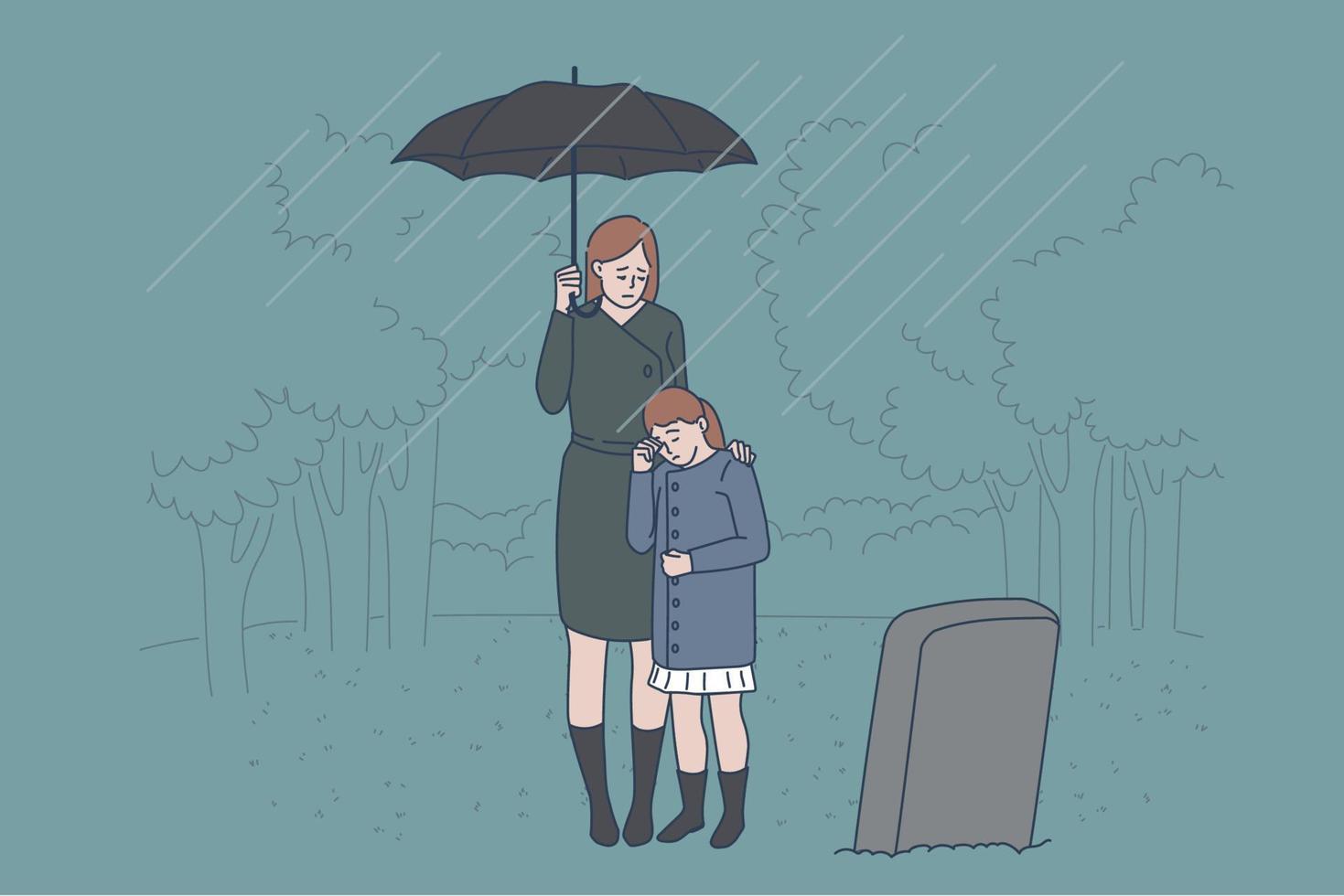 Family grief and loss concept. Sad crying mother and daughter standing on cemetery near fathers grave feeling depressed and broken with loss vector illustration