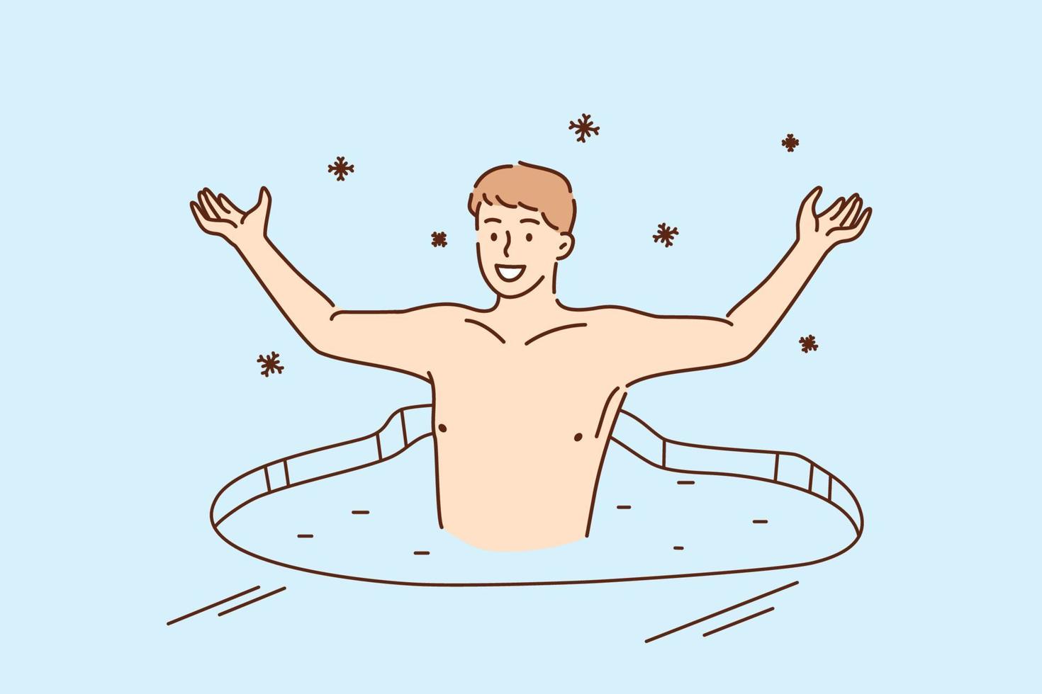 Healthy lifestyle challenge, sport activity concept. Smiling young man swimming in ice hole during winter taking part in Orthodox Church Holy Epiphany Day vector illustration