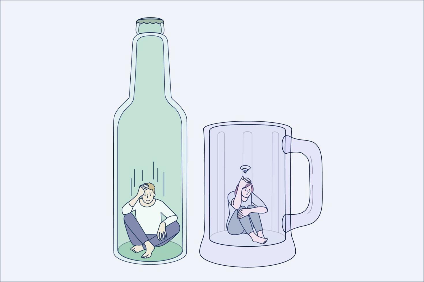 Addiction to alcohol and depression concept. Two young depressed people man and woman sitting on bottom of beer mug and bottle feeling stressed addicted to alcohol vector illustration