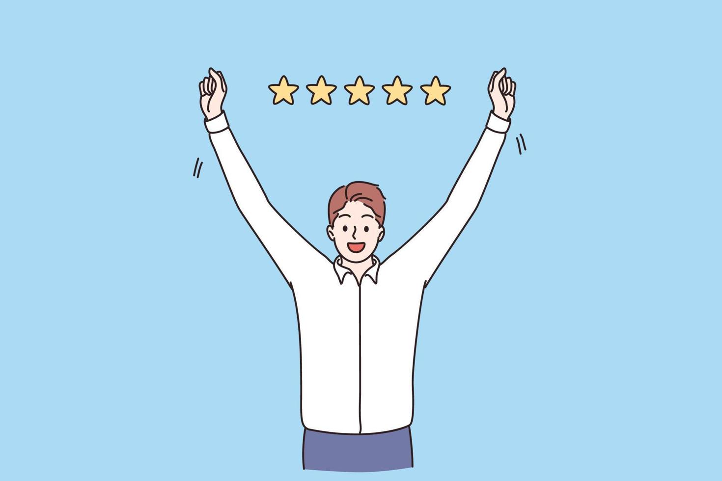 Business rating, success, reaching goal concept. Young smiling businessman cartoon character standing feeling happy with five stars rating above vector illustration