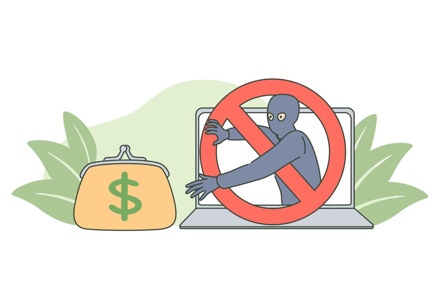 Internet crime and money fraud concept. Man hacker pulling his hand to wallet, money, credit cards vector isolated illustration