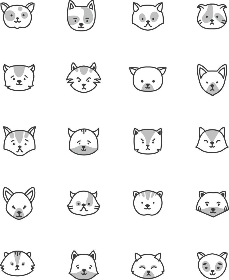 Expresiones faciales de gato, ilustración, vector sobre fondo blanco.