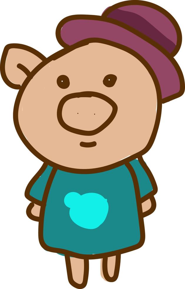 Happy pig with hat, illustration, vector on white background.