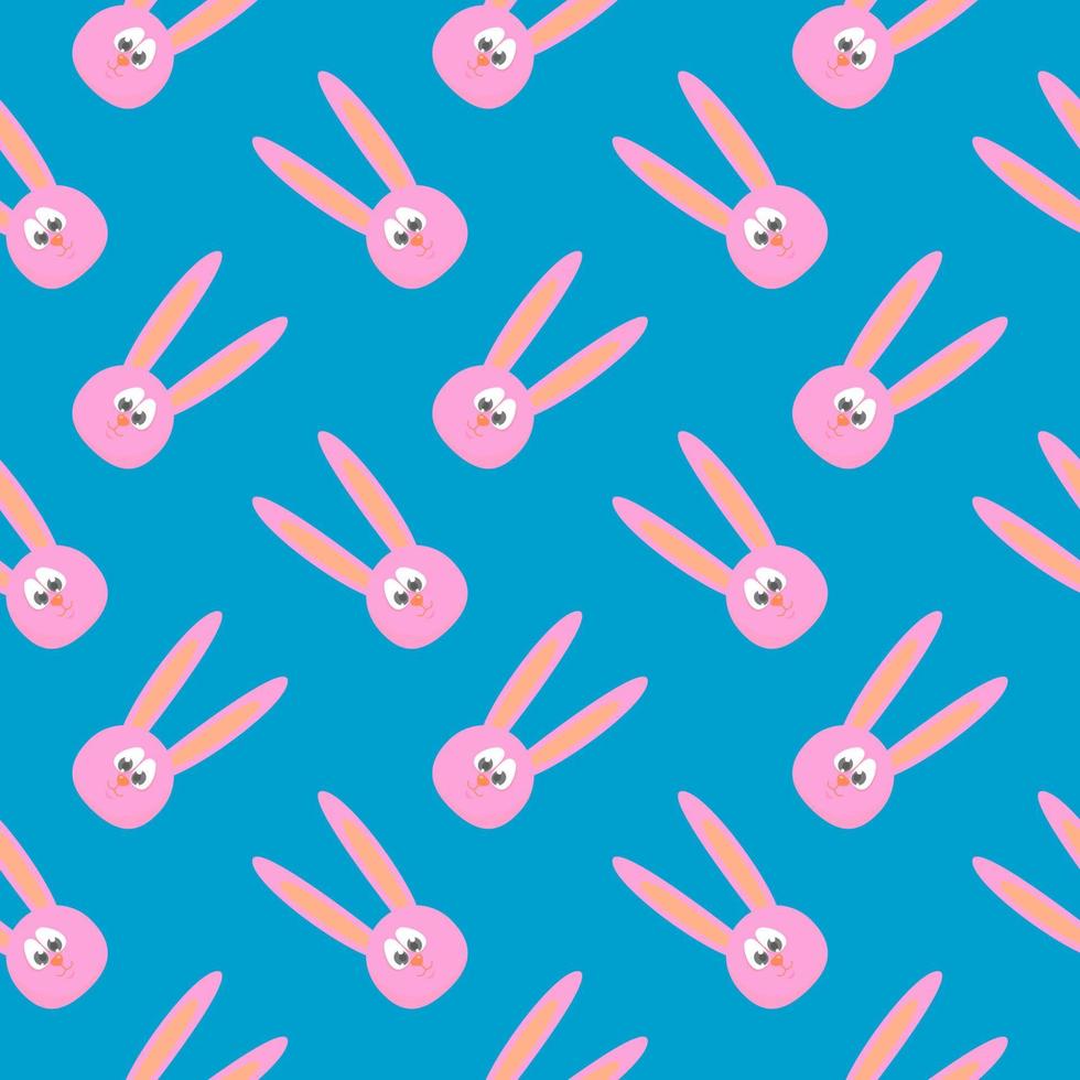 Pink rabbit with long ears, seamless pattern on blue background. vector