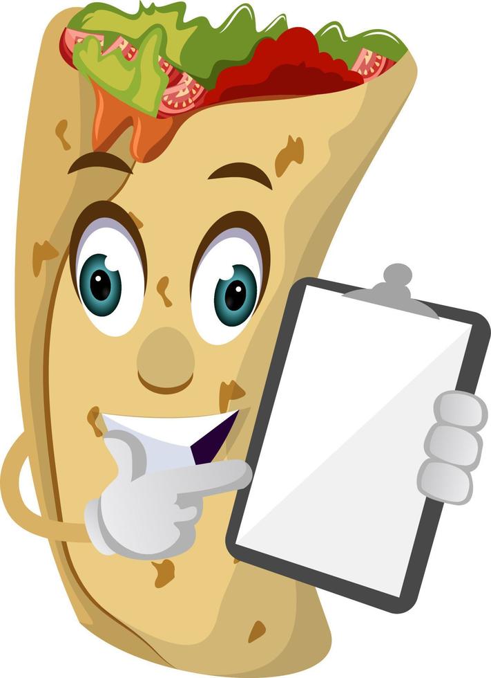 Burrito with notepad, illustration, vector on white background.