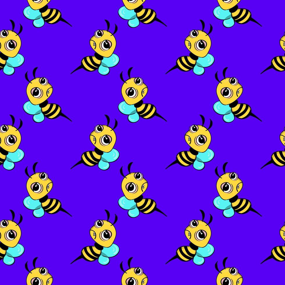 Relaxed bee, seamless pattern on purple background. vector