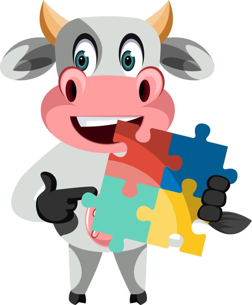 Cow with puzzle, illustration, vector on white background.