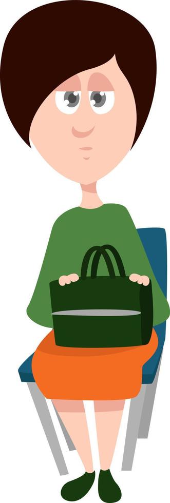 chica con bolsa verde, ilustración, vector sobre fondo blanco