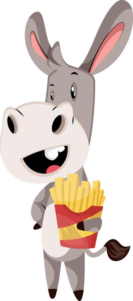Donkey with french fries, illustration, vector on white background.