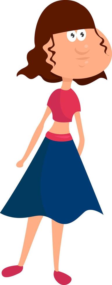 Girl in blue skirt, illustration, vector on a white background.