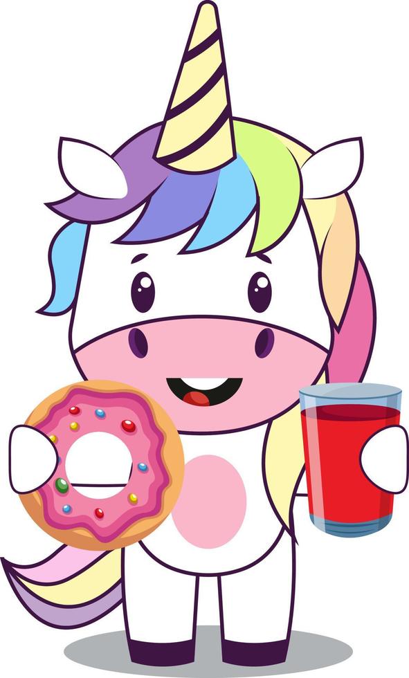 Unicornio con donut, ilustración, vector sobre fondo blanco.