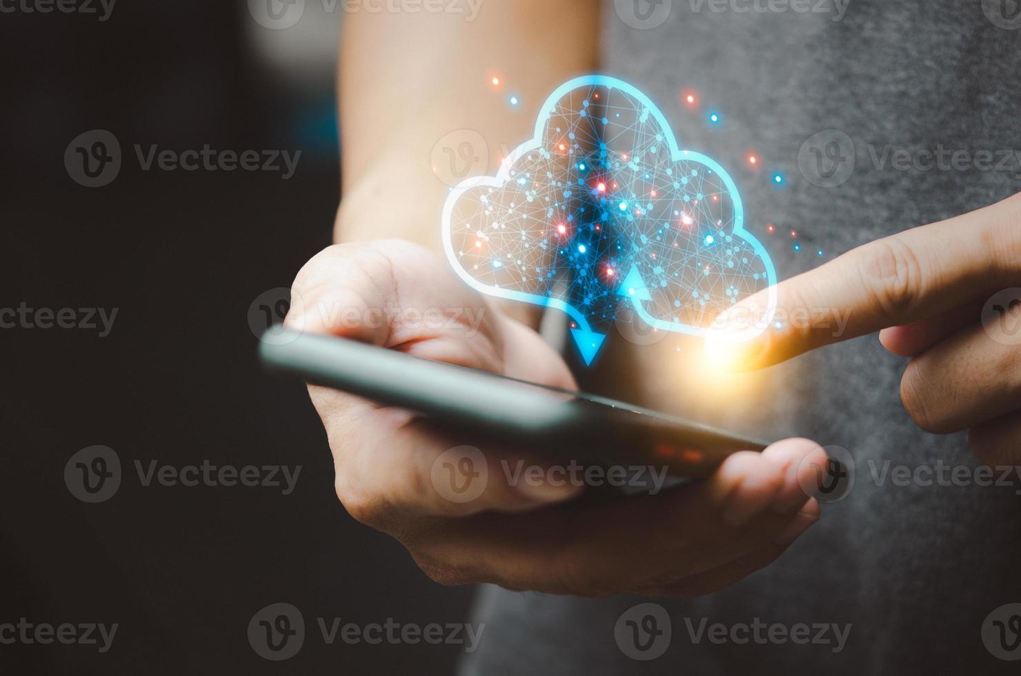 Businessman using smart phone to connect data information on cloud computing and communication online network. Business big data technology and internet social media concept. photo