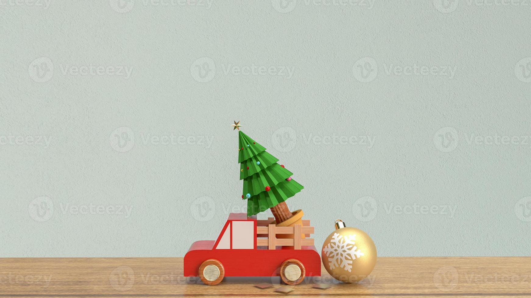 el árbol de navidad en camión de madera en la mesa de madera 3d renderizado foto