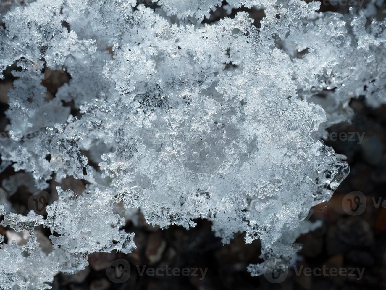 Close up White winter snowflakes and hoar frost, ice texture pattern covered ground, Nature wallpaper, background photo