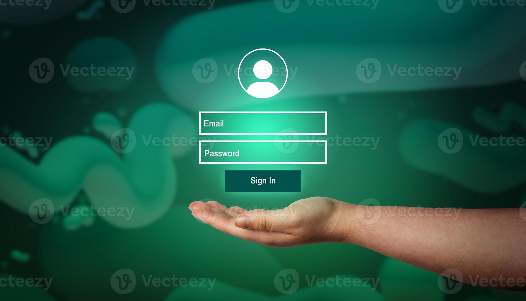 Woman hand showing VR interface of login. Secure access to user's personal information. Sign in with username and password. Cyber security and data protection. photo