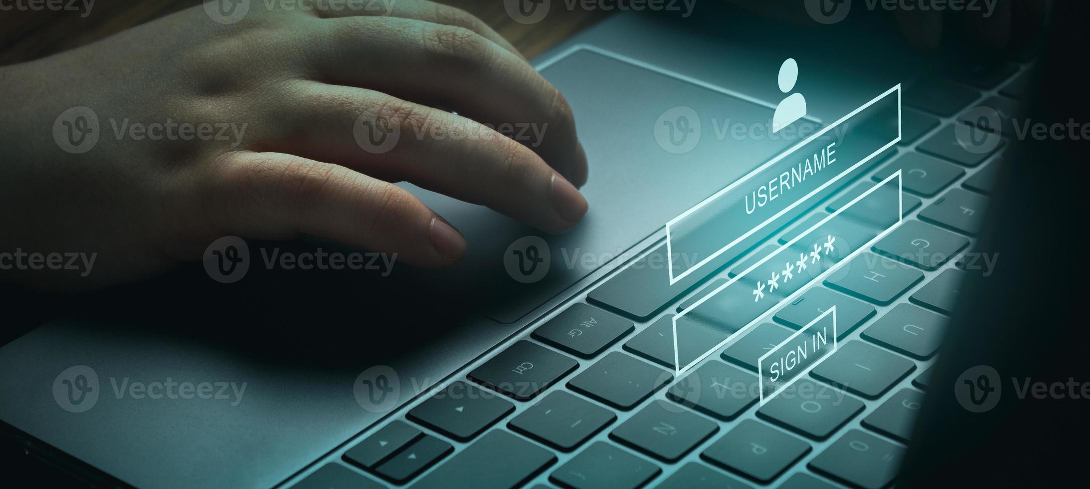 Banner of woman using laptop with VR interface on keyboard. Secure access to user's personal information. Sign in with username and password. Cyber security and data protection. photo