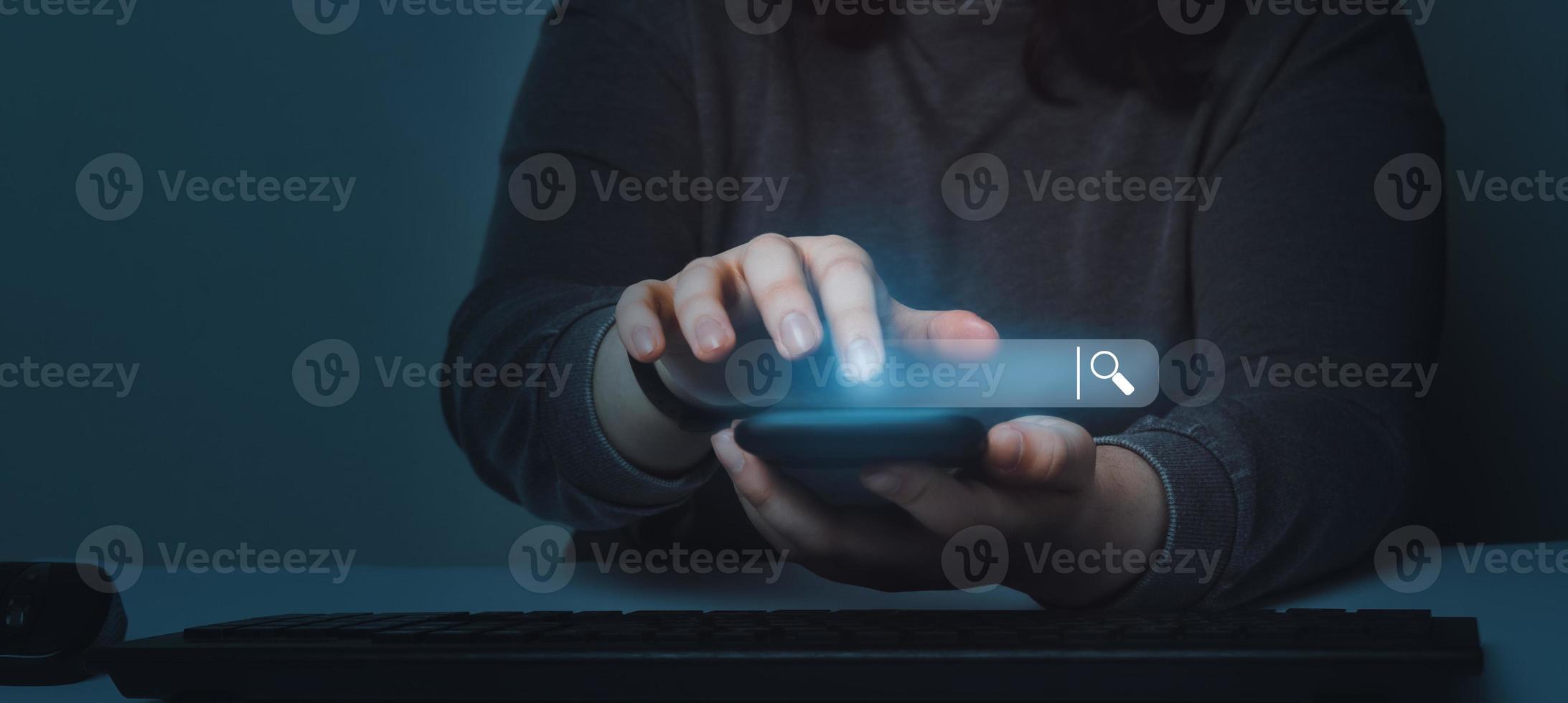 Woman using smartphone with VR search bar. SEO. Browser technology. Concept of searching on internet with copy space. photo