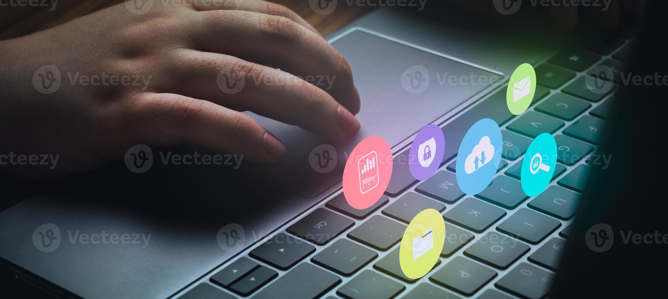 Banner of woman using laptop with Document Management System VR interface and copy space. Online documentation database and process automation to efficiently manage files. photo