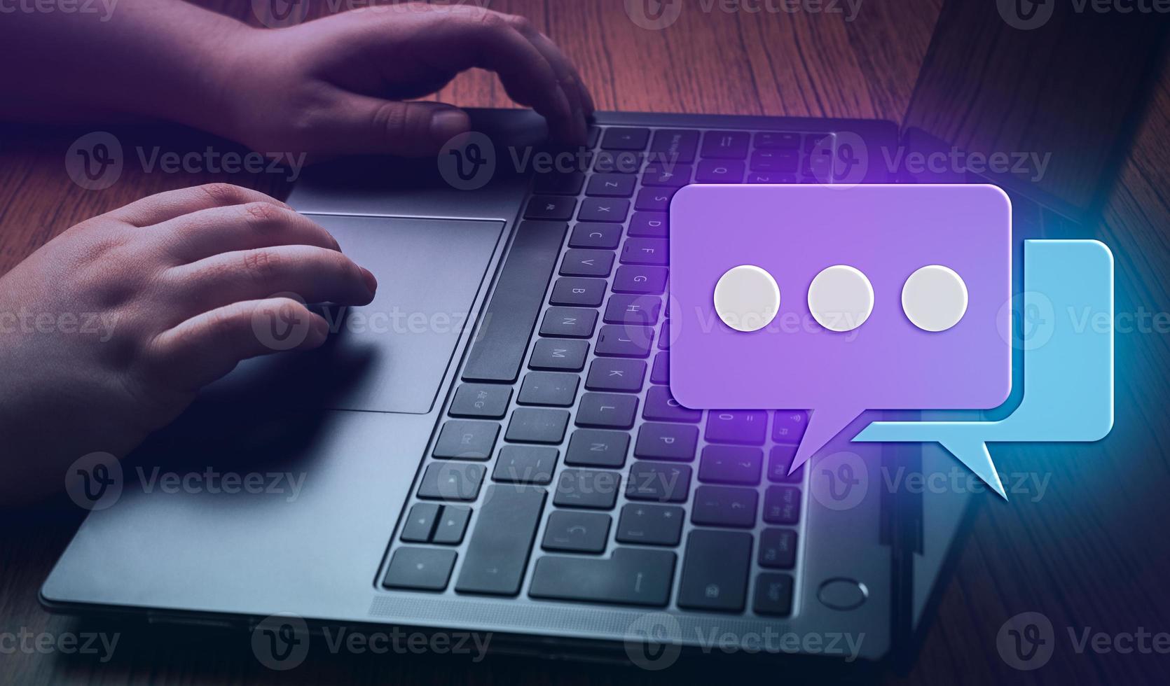 Woman hands using laptop with 3D icon message and copy space. Social media concept. Internet of things. Digital technology. Application communication. Digital media website. photo