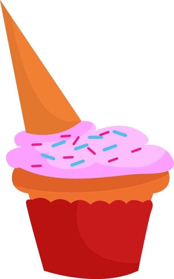 Cupcake with a cone, illustration, vector on white background