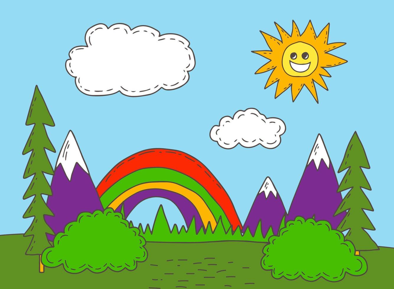 Groovy landscape with mountains and rainbow vector