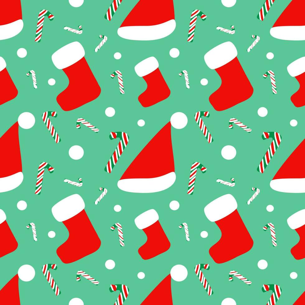 patrón sin costuras de navidad con sombrero de santa, calcetines y bastón de caramelo, rojo y blanco sobre fondo verde. vector