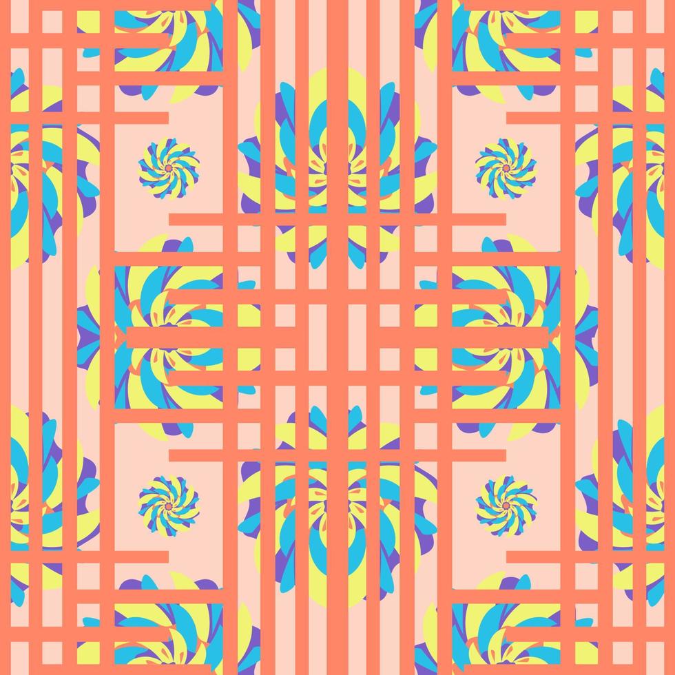 Seamless pattern with orange line, look like cage, and colorful flowers shape, blue yellow and purple, on light orange background. vector