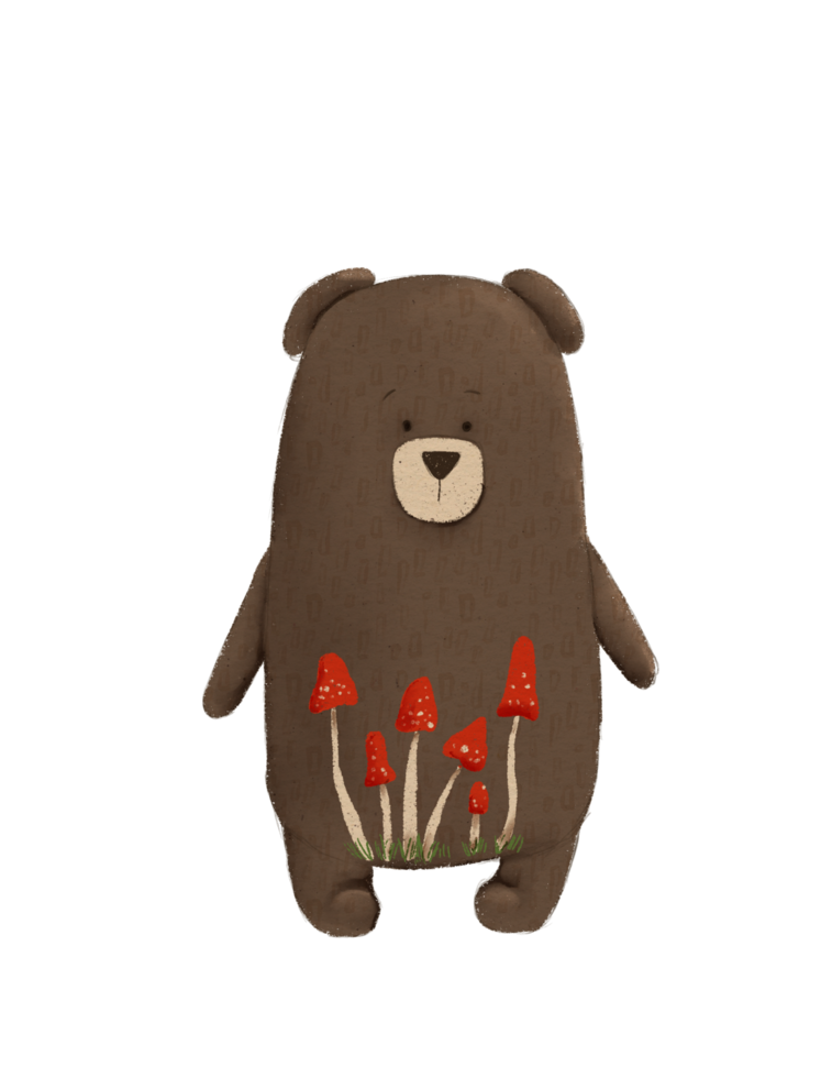 drawing of vintage toy teddy bear with mushrooms png