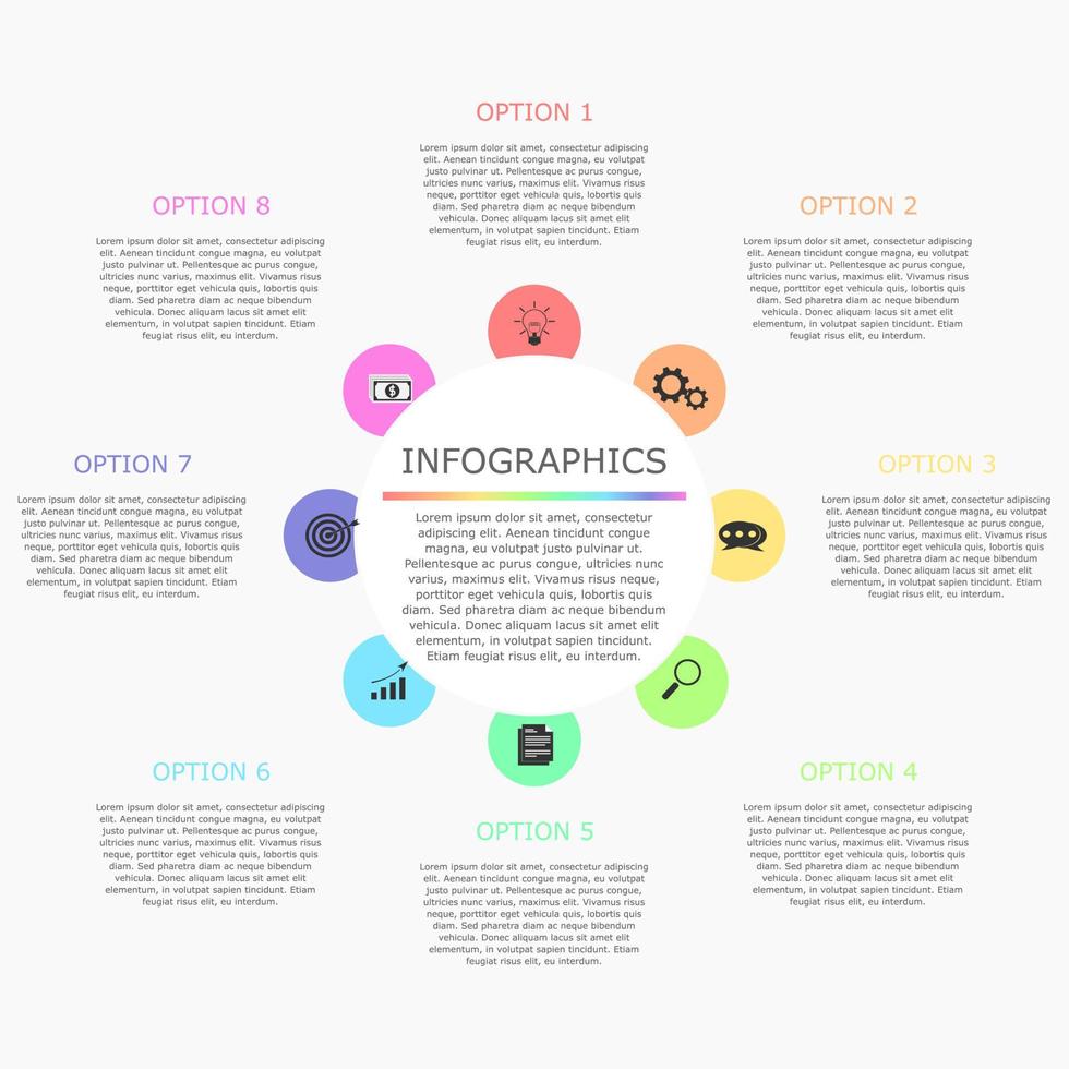 ilustración vectorial de la plantilla infográfica de negocios de presentación con 8 opciones coloridas. vector