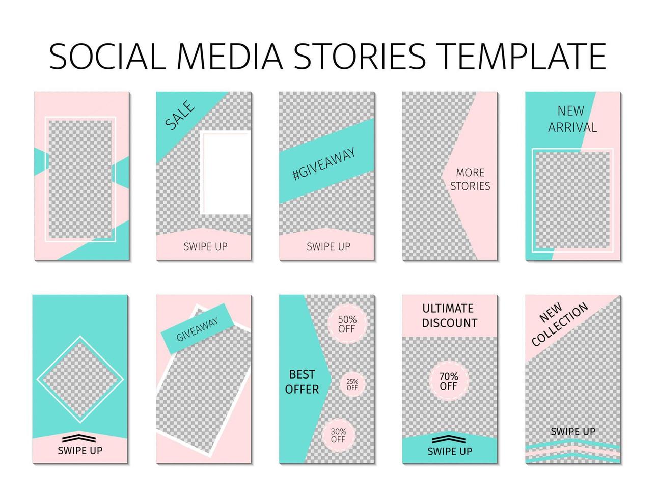 Social media stories template. Set of 10 story layout for bloggers and SMM. Mint green and pink pastel color palette. Editable web banners for mobile application. vector