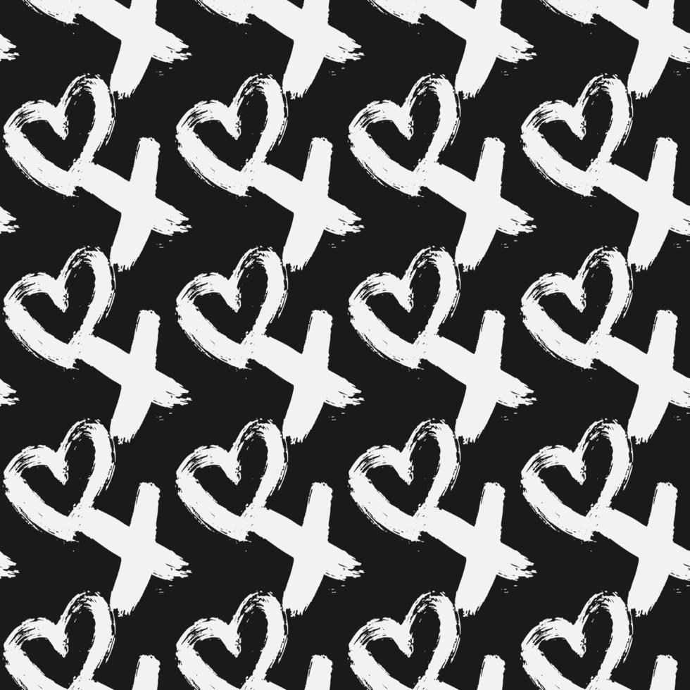 Seamless pattern XOXO with hearts on black background. Hugs and kisses abbreviation symbol. Grunge hand written brush lettering XO. Vector illustration. Easy to edit template for Valentines day.