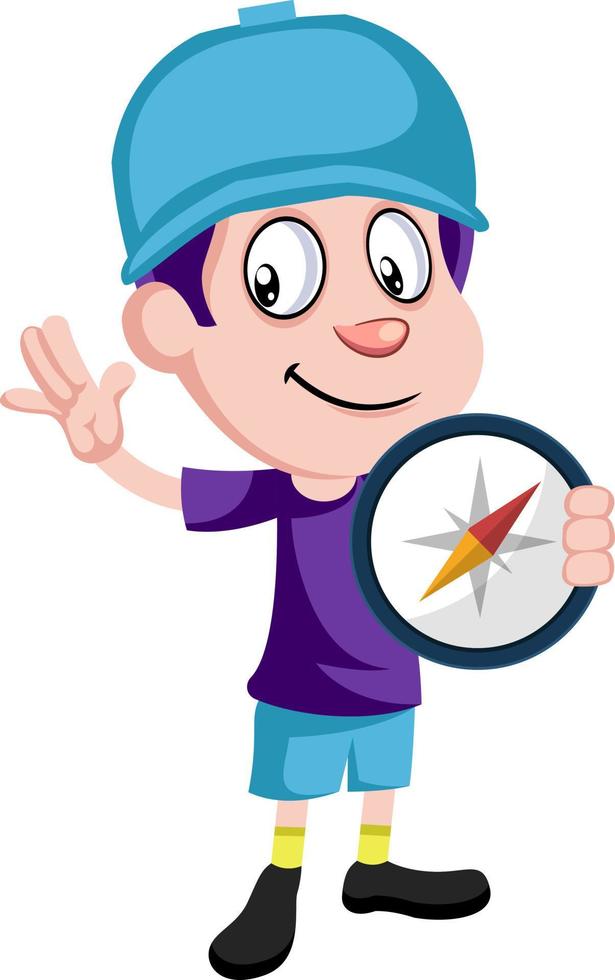 Boy holding compas, illustration, vector on white background.