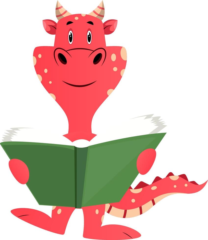 dragón rojo está leyendo un libro, ilustración, vector sobre fondo blanco.