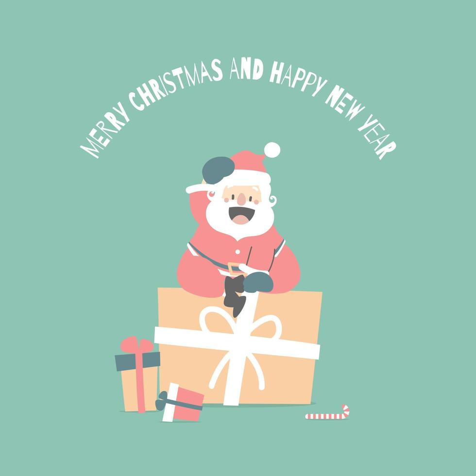 merry christmas and happy new year with cute santa claus and present gift in the winter season green background, flat vector illustration cartoon character costume design