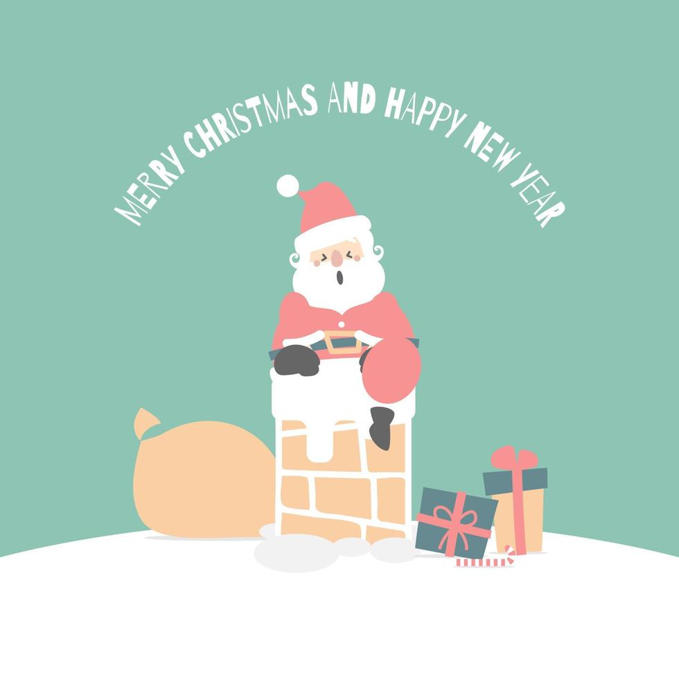 merry christmas and happy new year with cute santa claus and present gift with chimney in the winter season green background, flat vector illustration cartoon character costume design