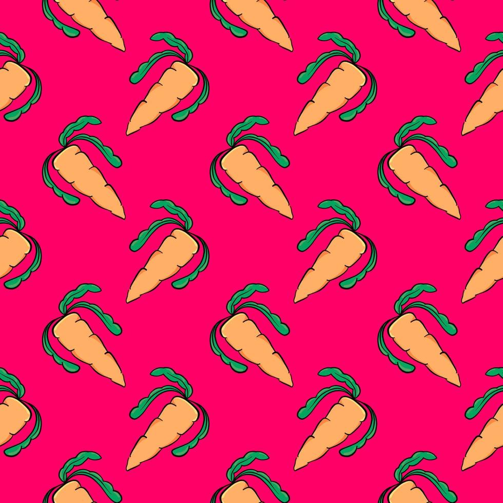 Carrots with leaves, seamless pattern on hot pink background. vector