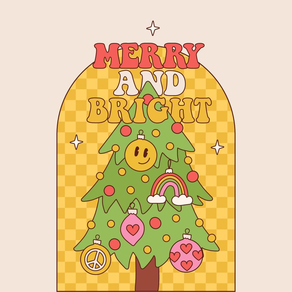 Groovy And Bright card template For Christmas with Vintage Xmas tree with retro hippie balls and toys. Linear Vector illustration on checkered background.