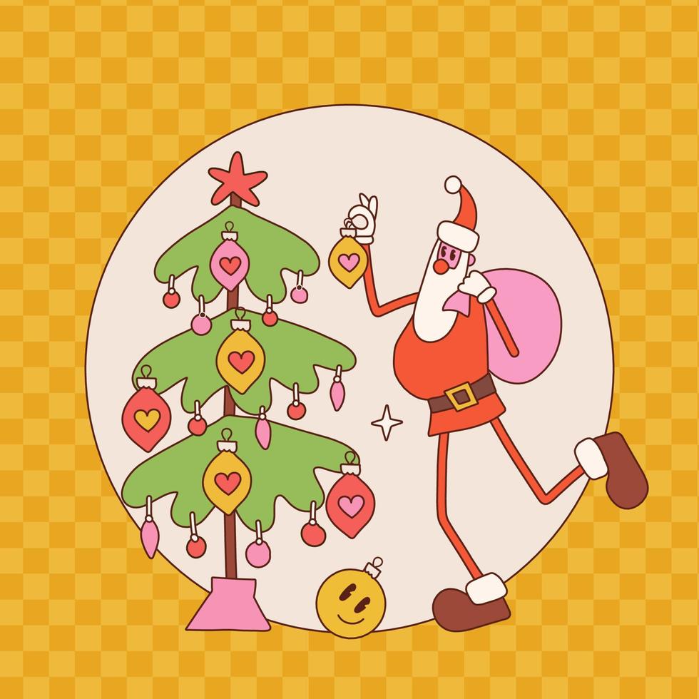 Santa Claus decorating Xmas tree. Christmas greeting or invitation card template. Groovy holiday poster. Editable retro vector illustration.