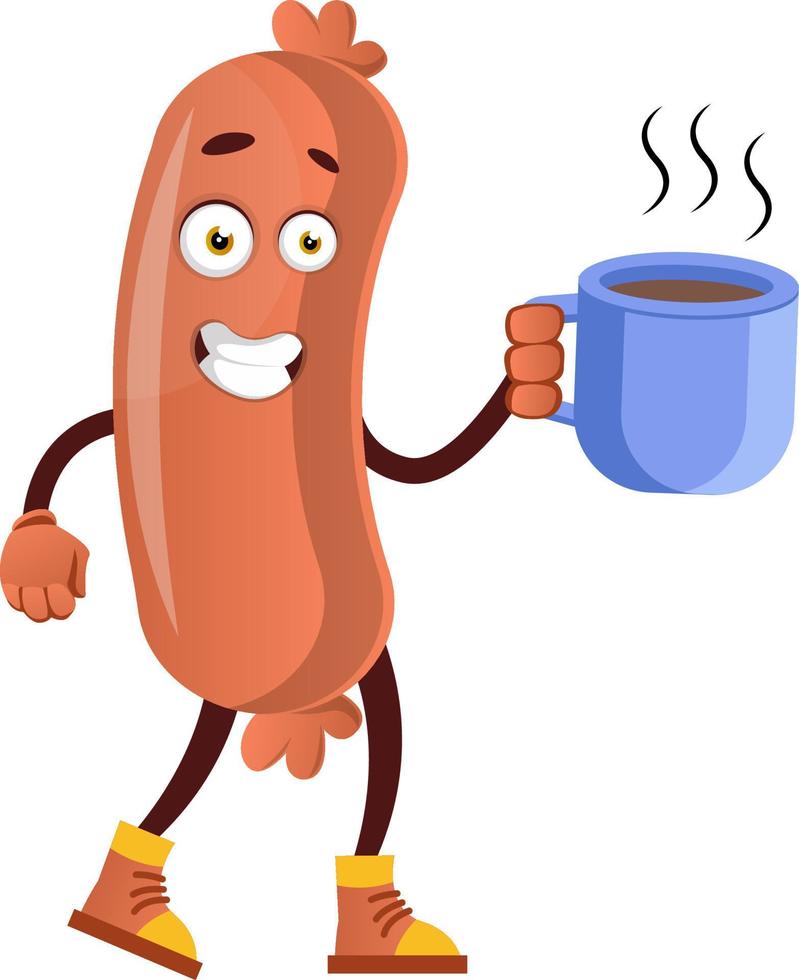 Salchicha con café, ilustración, vector sobre fondo blanco.