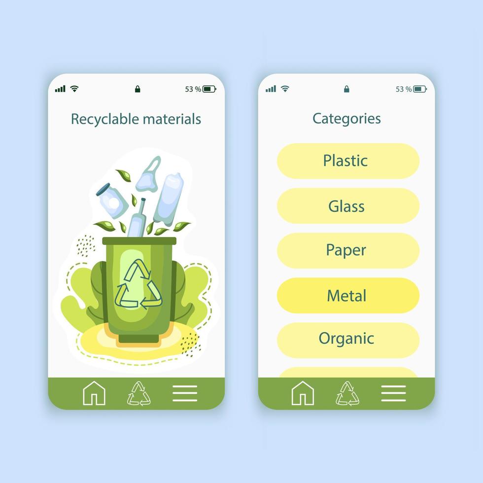 Set of UI and UX screens for mobile app about ecology. Ecology Dashboard.Template of the interface. Recycling materials. vector