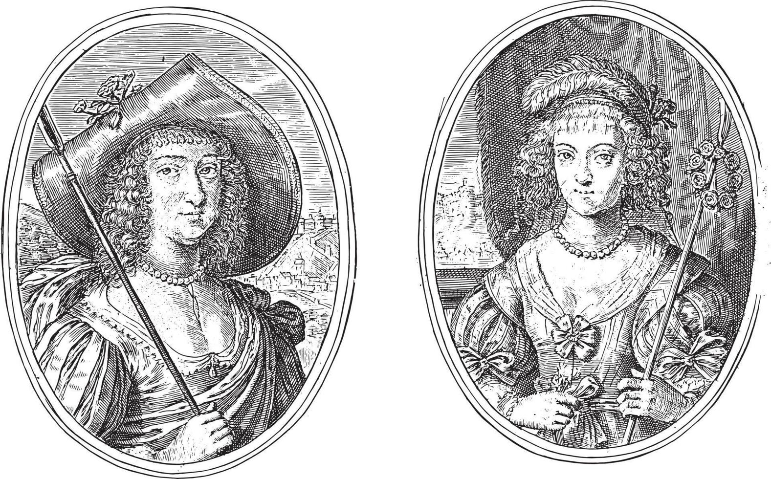 retratos de anna van nassau-siegen y baronesa van brederode, ilustración vintage. vector