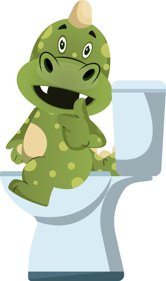 Green dragon is sitting on a toilet seat, illustration, vector on white background.