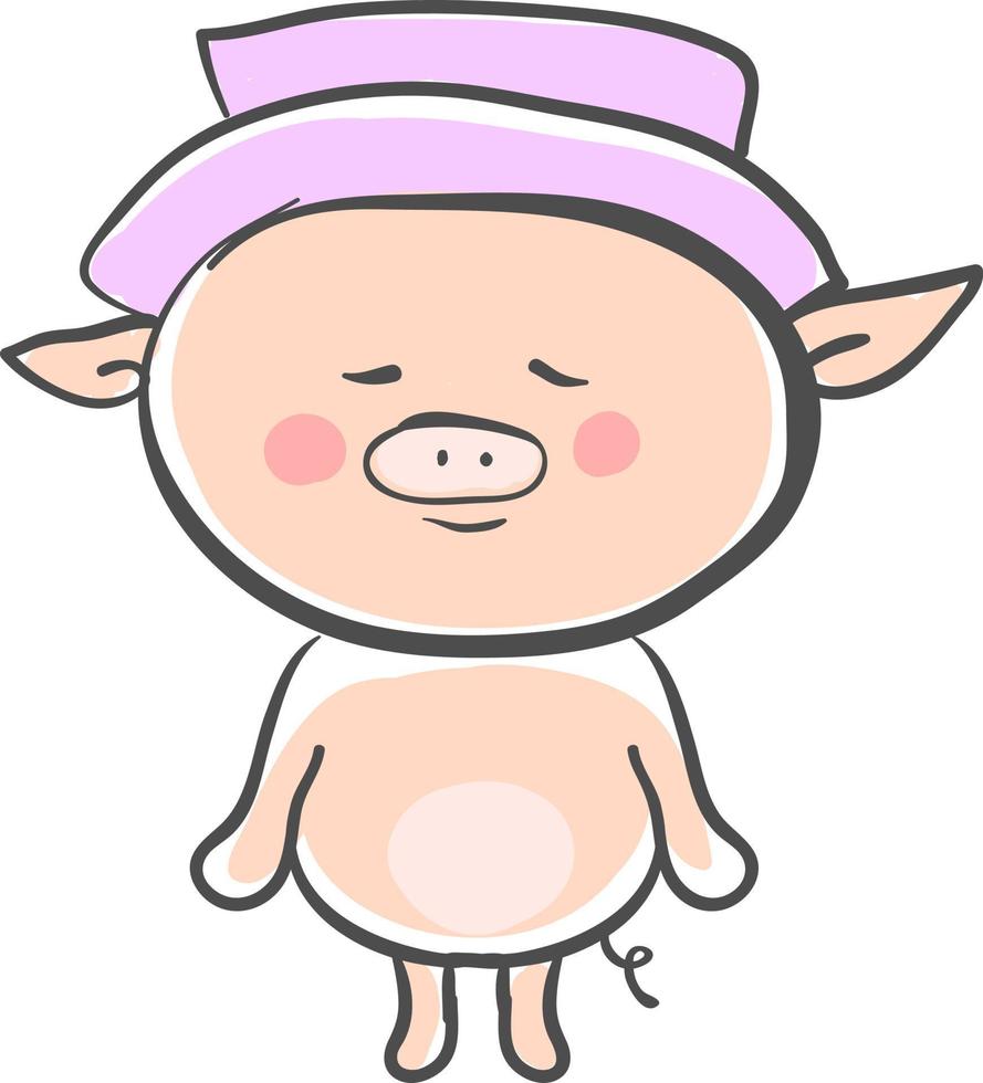 Pig with hat, illustration, vector on white background.