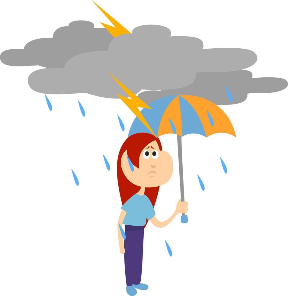 Girl in the rain, illustration, vector on white background.