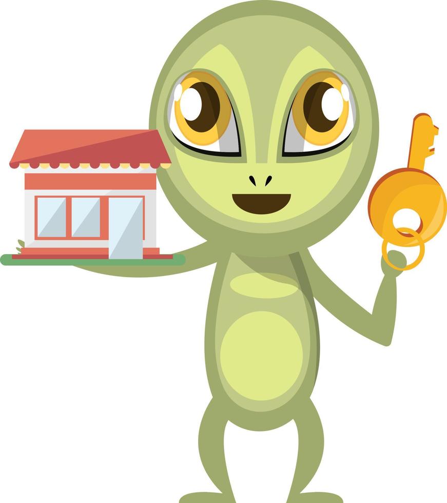 Alien holding key, illustration, vector on white background.