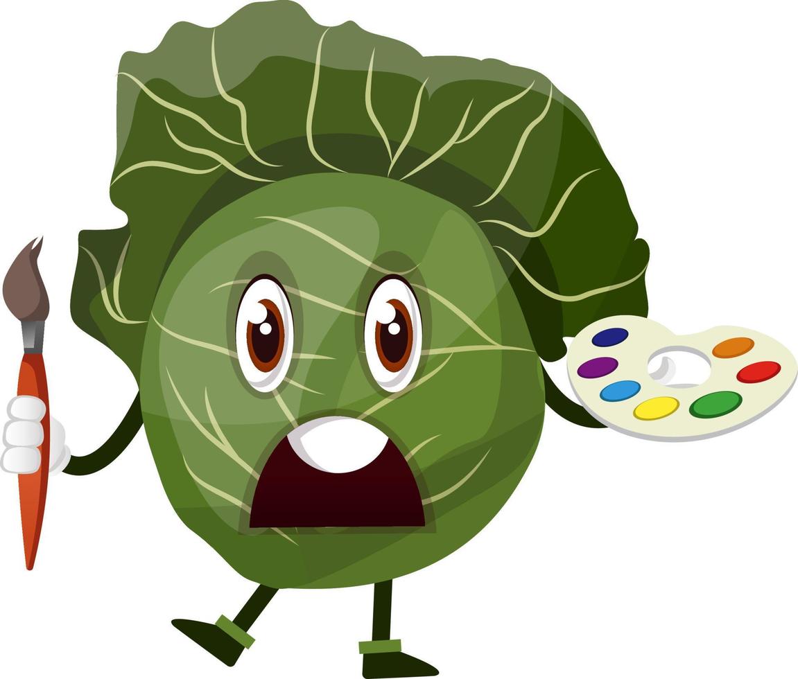 Cabbage is holding a brush and color palette, illustration, vector on white background.