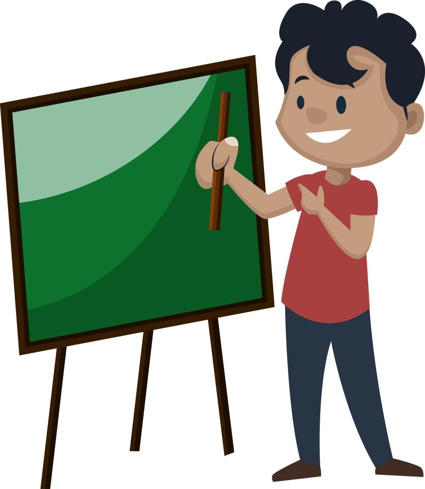 Boy is pointing on a blackboard, illustration, vector on white background.