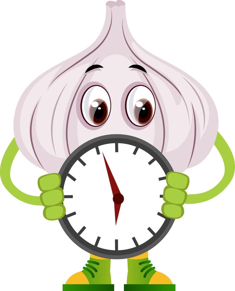 Garlic holding clock, illustration, vector on white background.