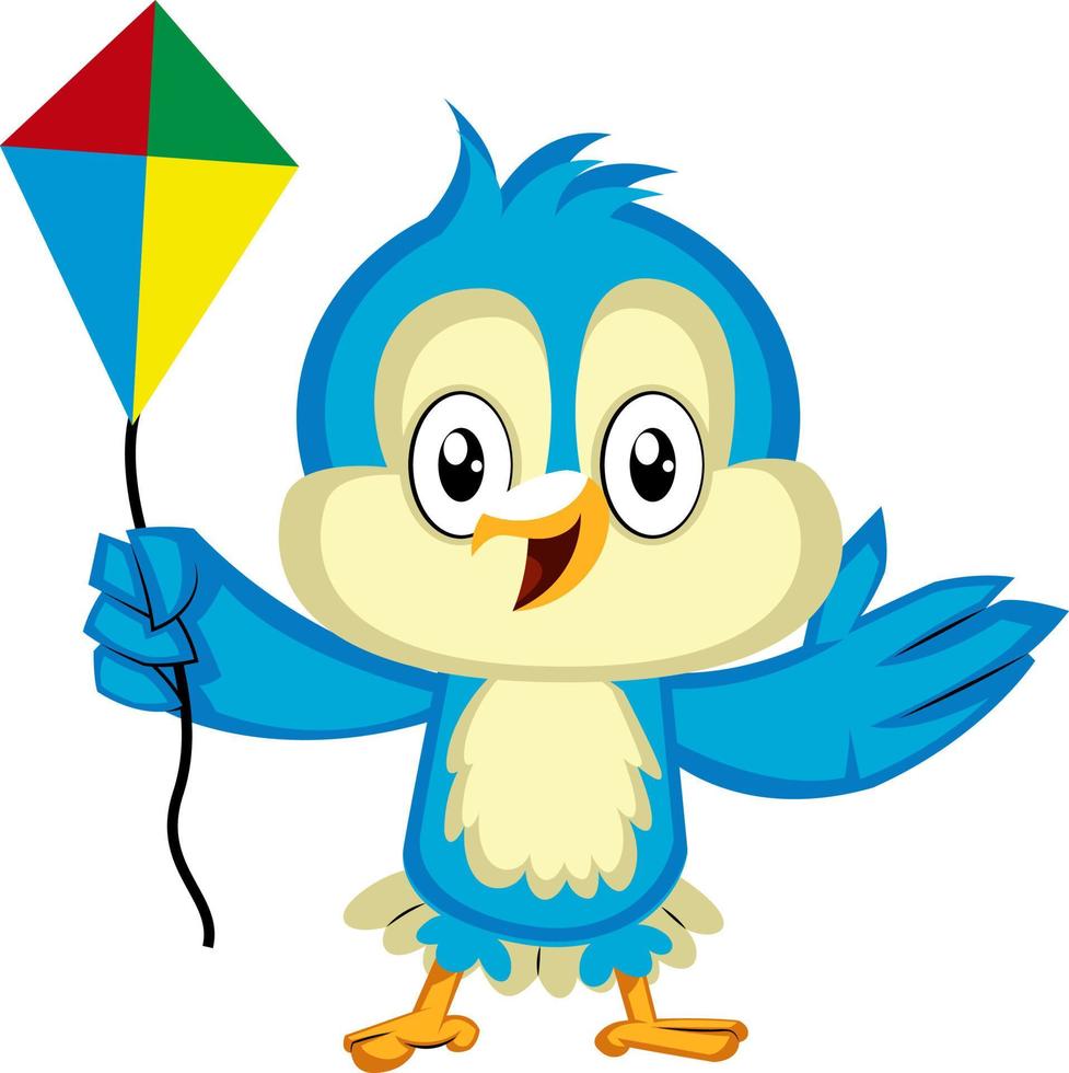 Blue bird is holding a kite, illustration, vector on white background.